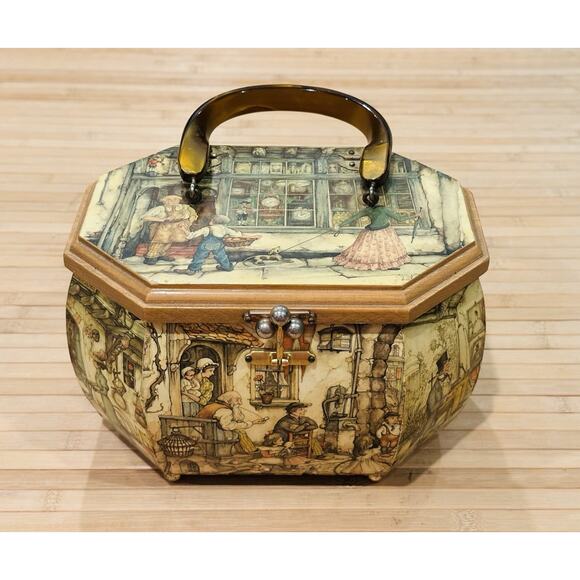 Vintage Anton Pieck 3D Decoupage Wood Octagon Purse Handbag Box Small Town EUC - Picture 1 of 16